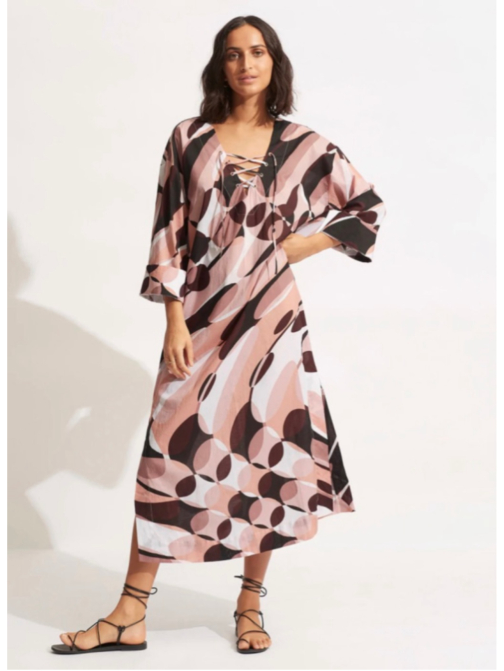 Women's Seafolly Pink Brown Abstract Print Lace-Up Coverup Tunic Maxi size Small